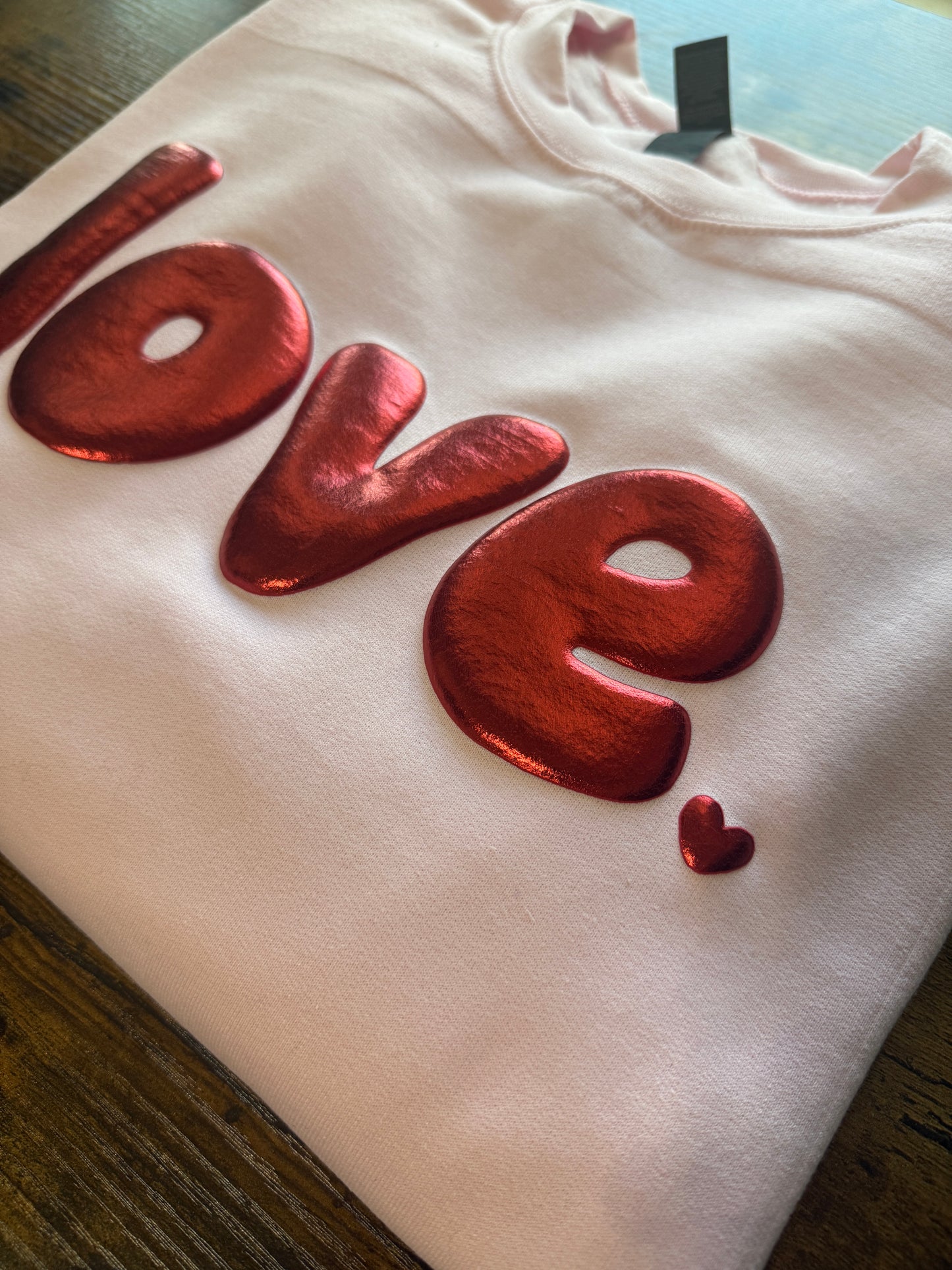 Metallic Red Puff Design Shirt | Bubble "love" Typography