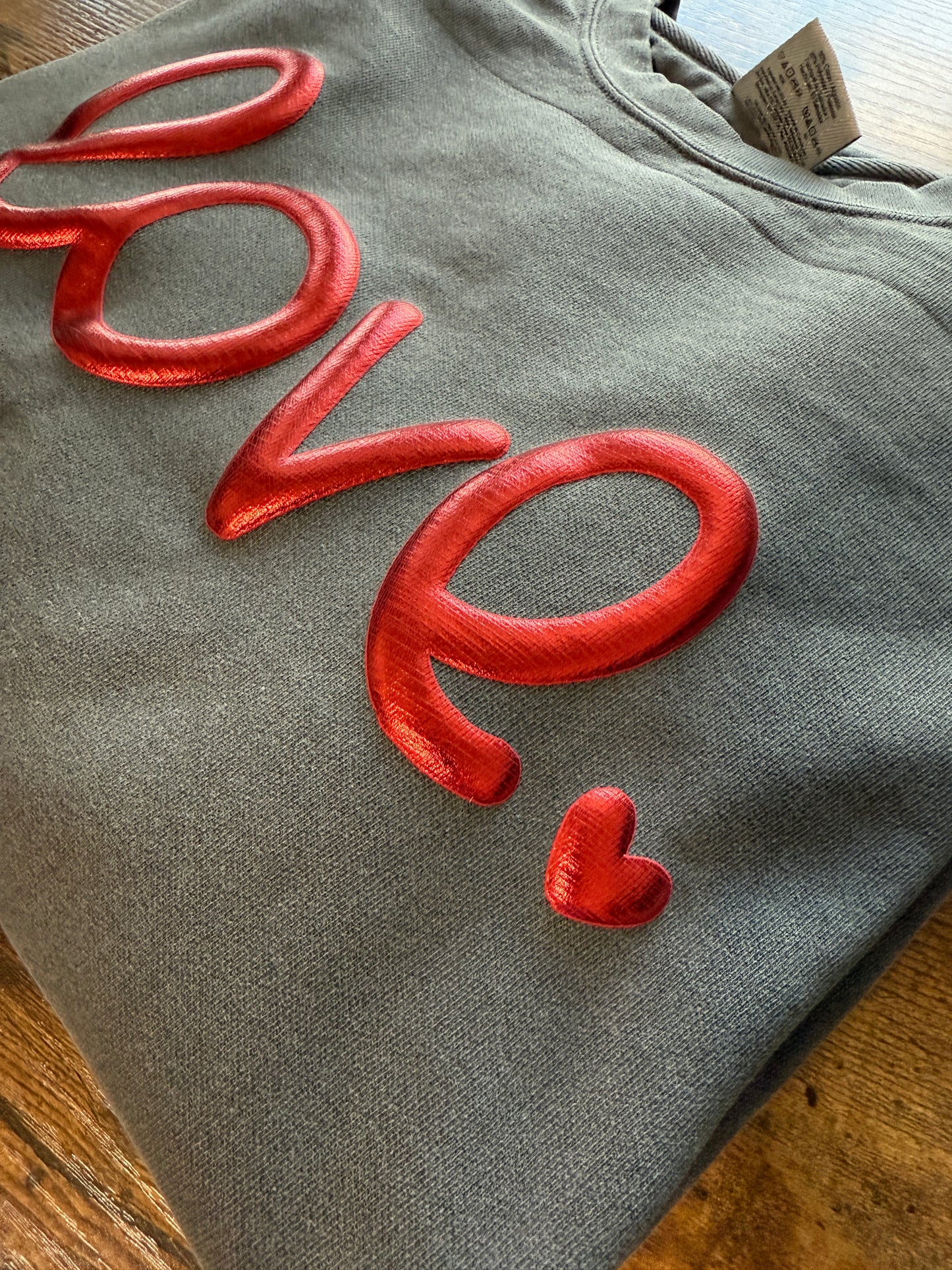 Metallic Red 3D Puff Design Shirt | Cursive "love" Typography