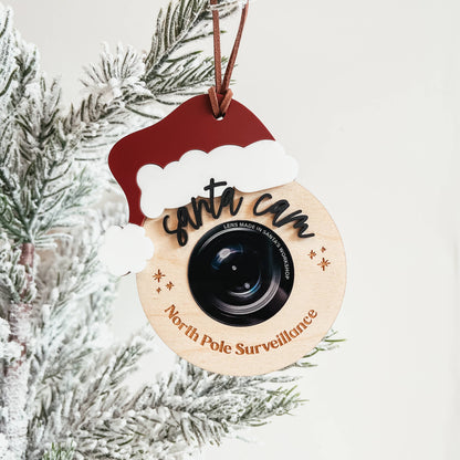 natural birchwood santa cam handmade ornament that says north pole surveillance