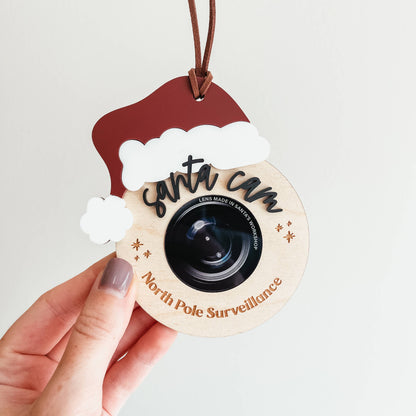 natural birchwood santa cam handmade ornament that says north pole surveillance